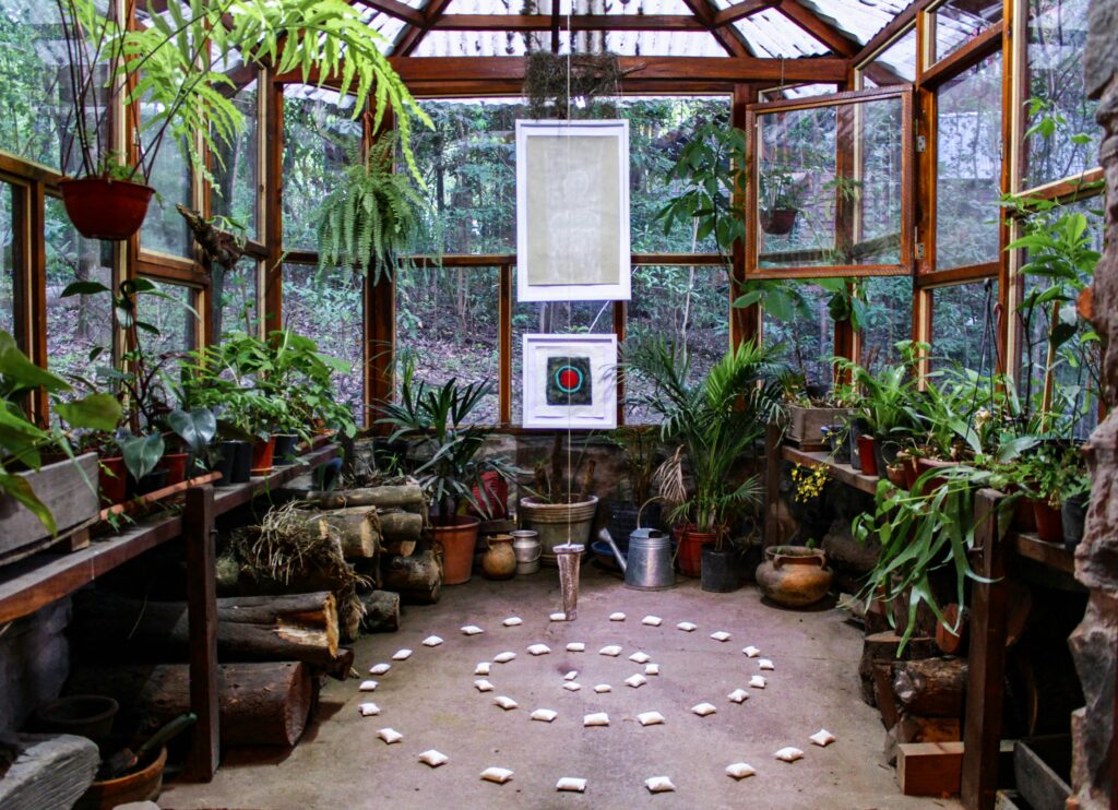A cozy greenhouse with various plants, art pieces, and rustic decor, creating a serene indoor garden ambiance.